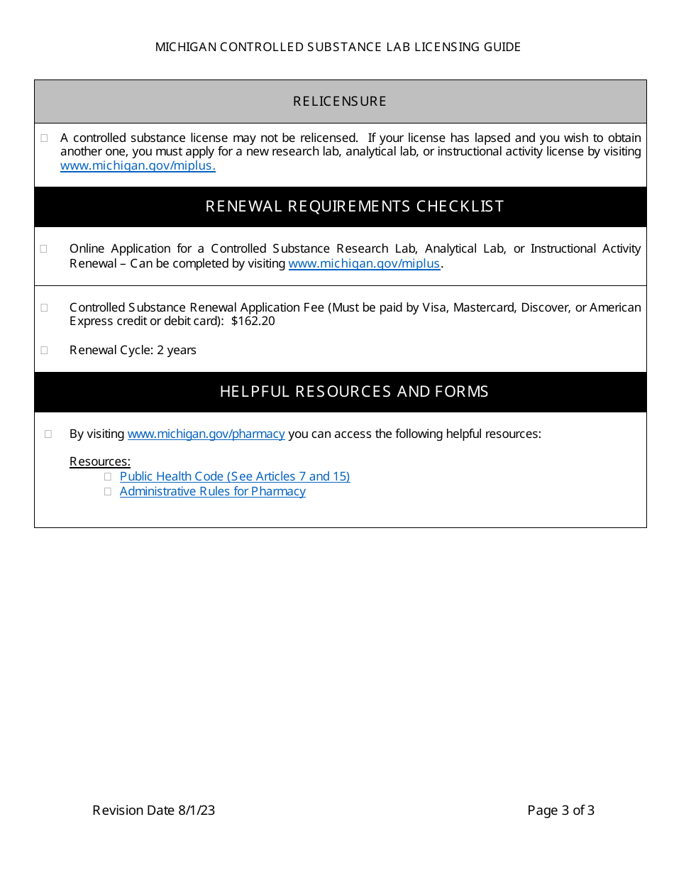 Michigan Controlled Substance Research Lab, Analytical Lab, or Instructional Activity Licensing Requirements Checklist - Michigan, Page 3