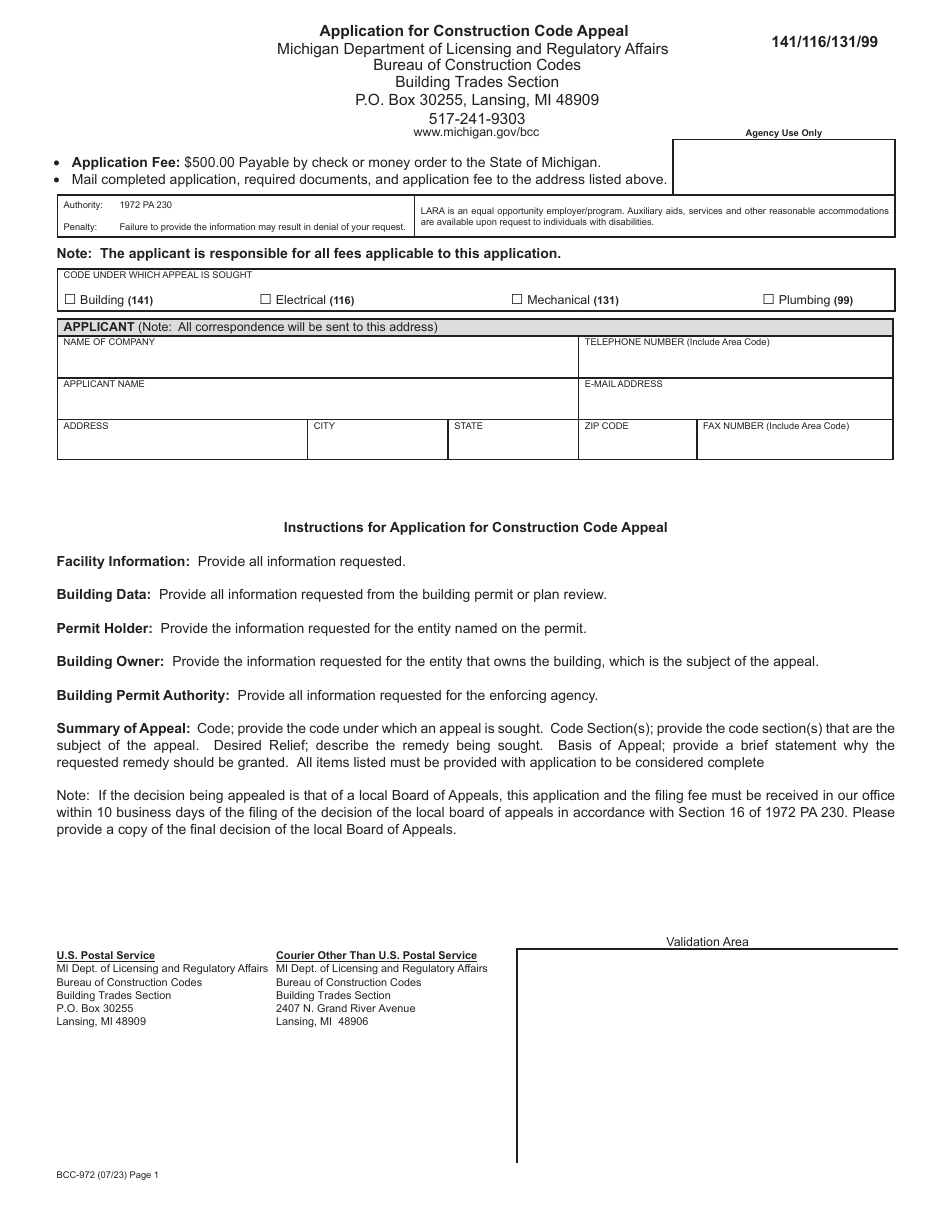 Form BCC-972 Application for Construction Code Appeal - Michigan, Page 1