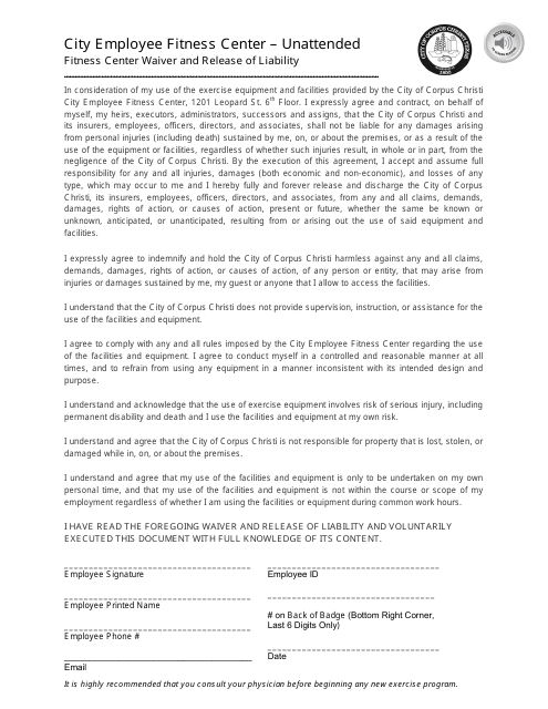 Fitness Center Waiver and Release of Liability - City of Corpus Christi, Texas Download Pdf
