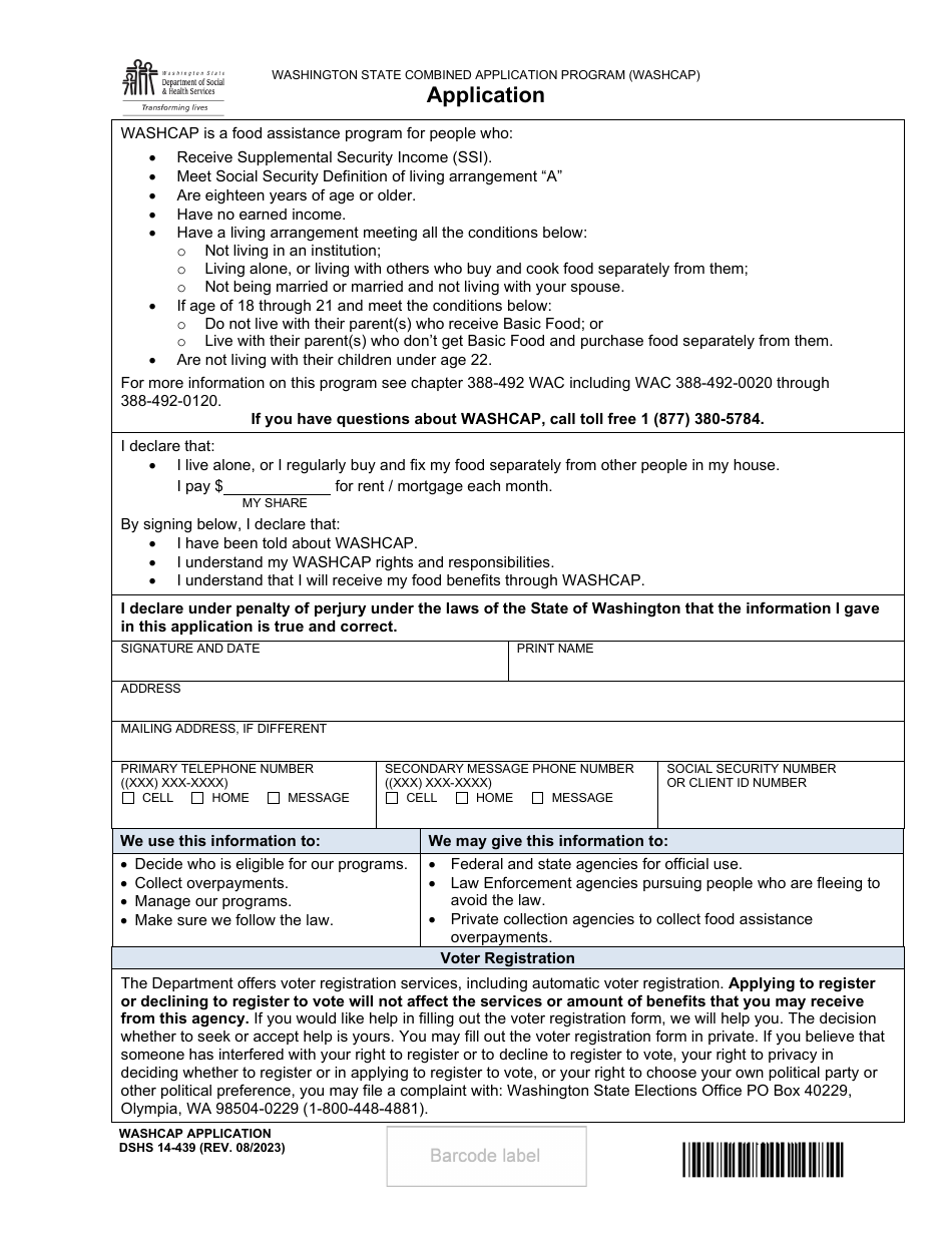 DSHS Form 14-439 Washington State Combined Application Program (Washcap) Application - Washington, Page 1