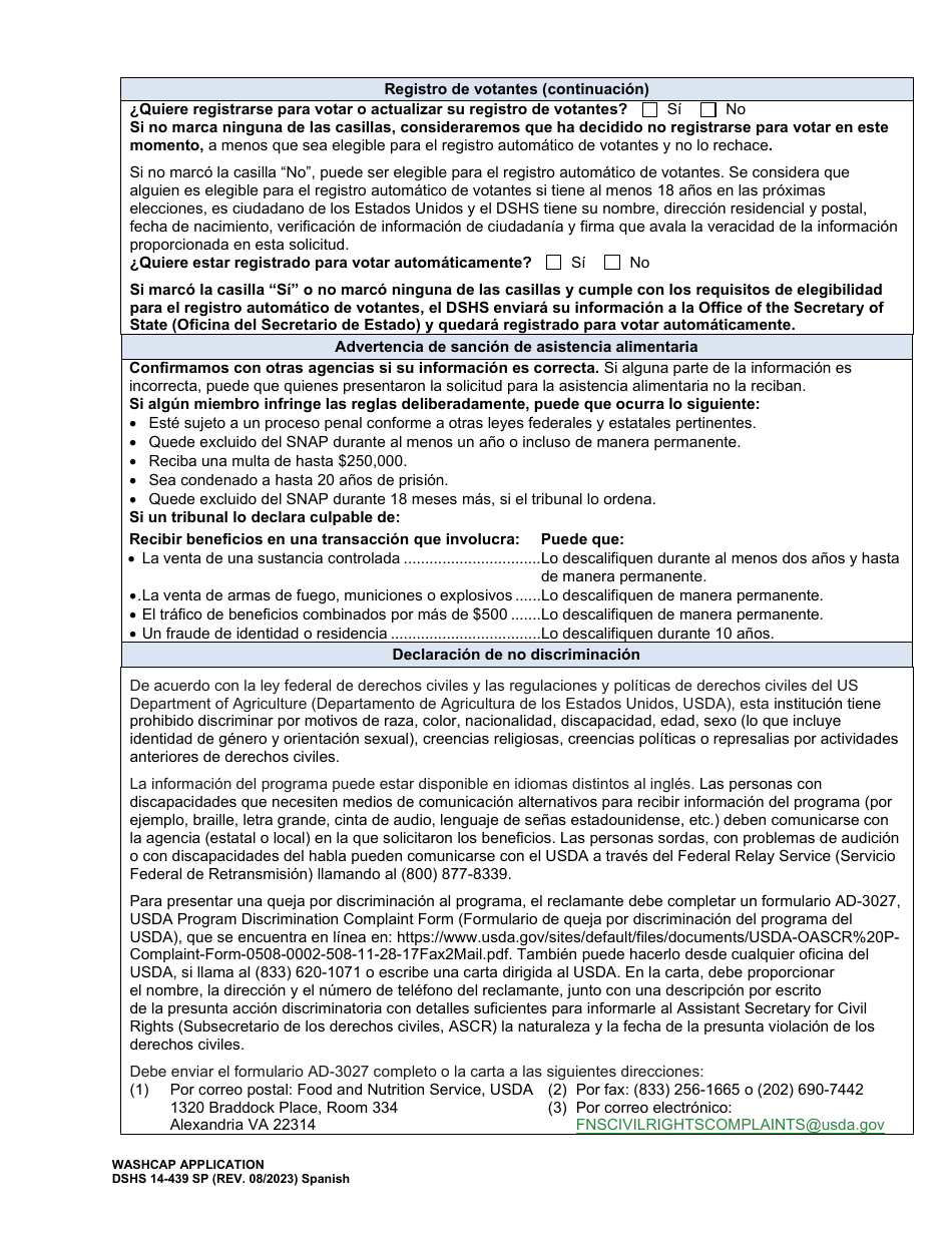 DSHS Formulario 14-439 Washcap Solicitud - Washington (Spanish), Page 2