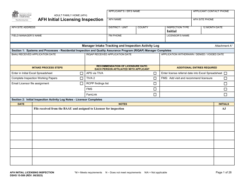 DSHS Form 15-589 Afh Initial Licensing Inspection - Washington