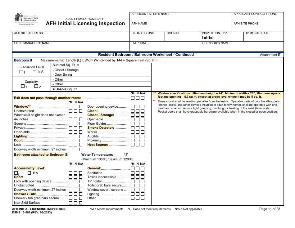 DSHS Form 15-589 Afh Initial Licensing Inspection - Washington, Page 11