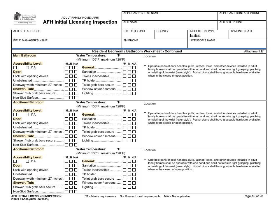 DSHS Form 15-589 Afh Initial Licensing Inspection - Washington, Page 16