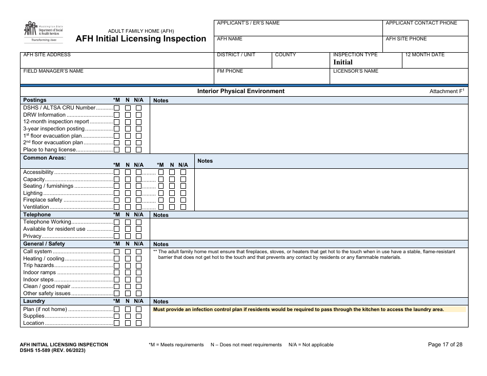 DSHS Form 15-589 Afh Initial Licensing Inspection - Washington, Page 17