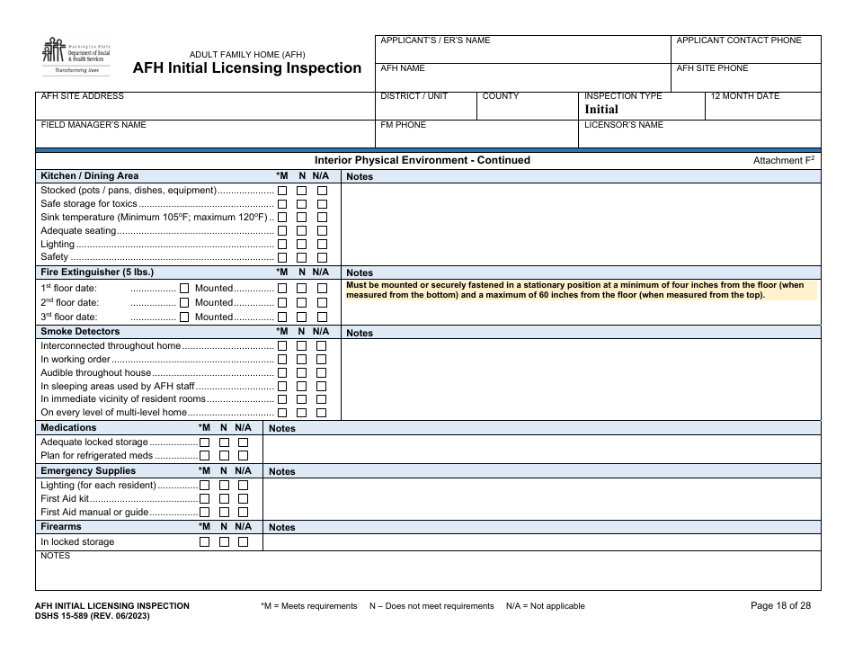 DSHS Form 15-589 Afh Initial Licensing Inspection - Washington, Page 18