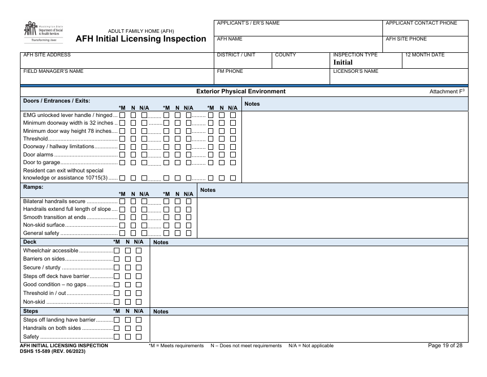 DSHS Form 15-589 Afh Initial Licensing Inspection - Washington, Page 19