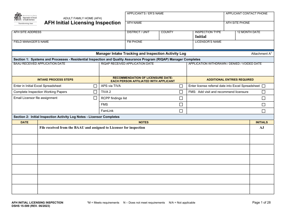 DSHS Form 15-589 Afh Initial Licensing Inspection - Washington, Page 1