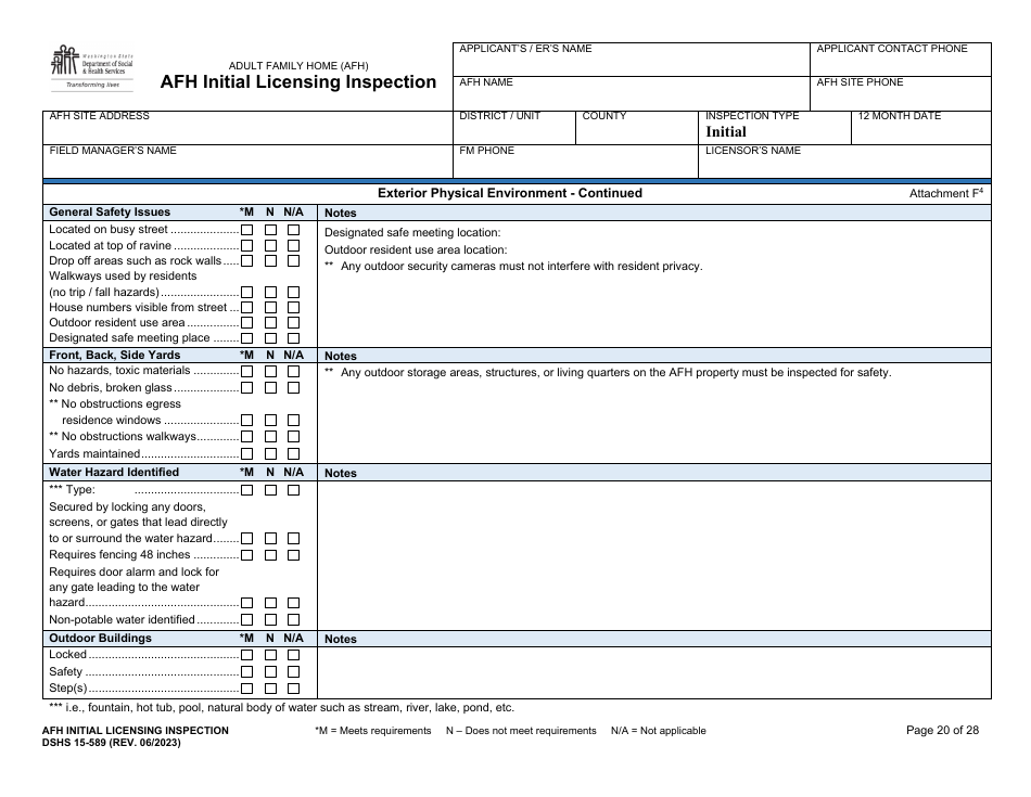 DSHS Form 15-589 Afh Initial Licensing Inspection - Washington, Page 20