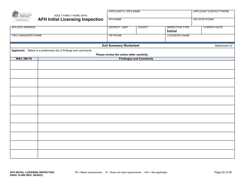 DSHS Form 15-589 Afh Initial Licensing Inspection - Washington, Page 22