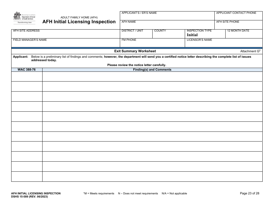 DSHS Form 15-589 Afh Initial Licensing Inspection - Washington, Page 23