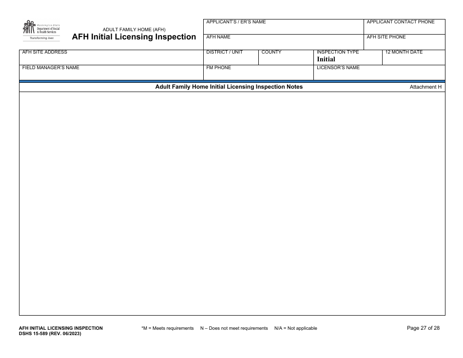 DSHS Form 15-589 Afh Initial Licensing Inspection - Washington, Page 27