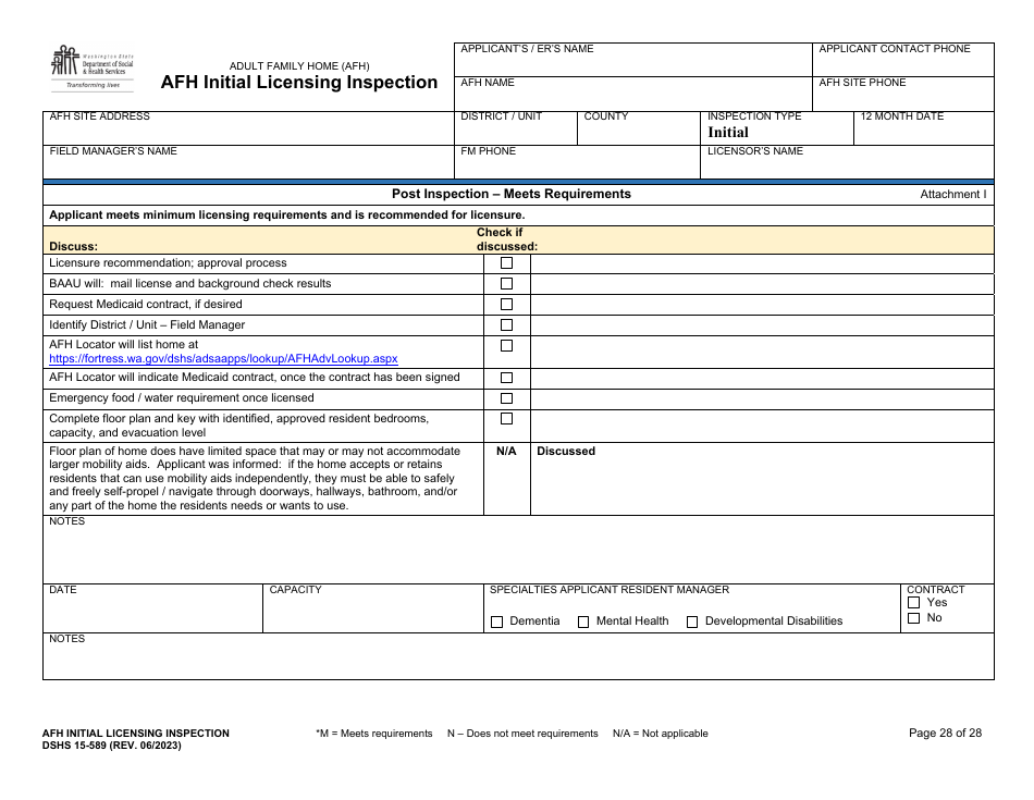 DSHS Form 15-589 Afh Initial Licensing Inspection - Washington, Page 28