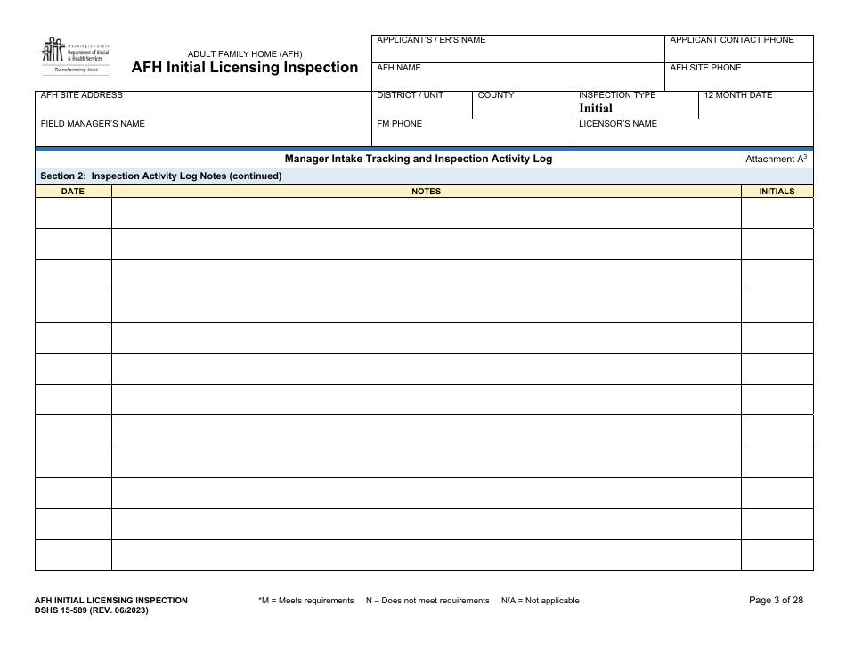 DSHS Form 15-589 Afh Initial Licensing Inspection - Washington, Page 3
