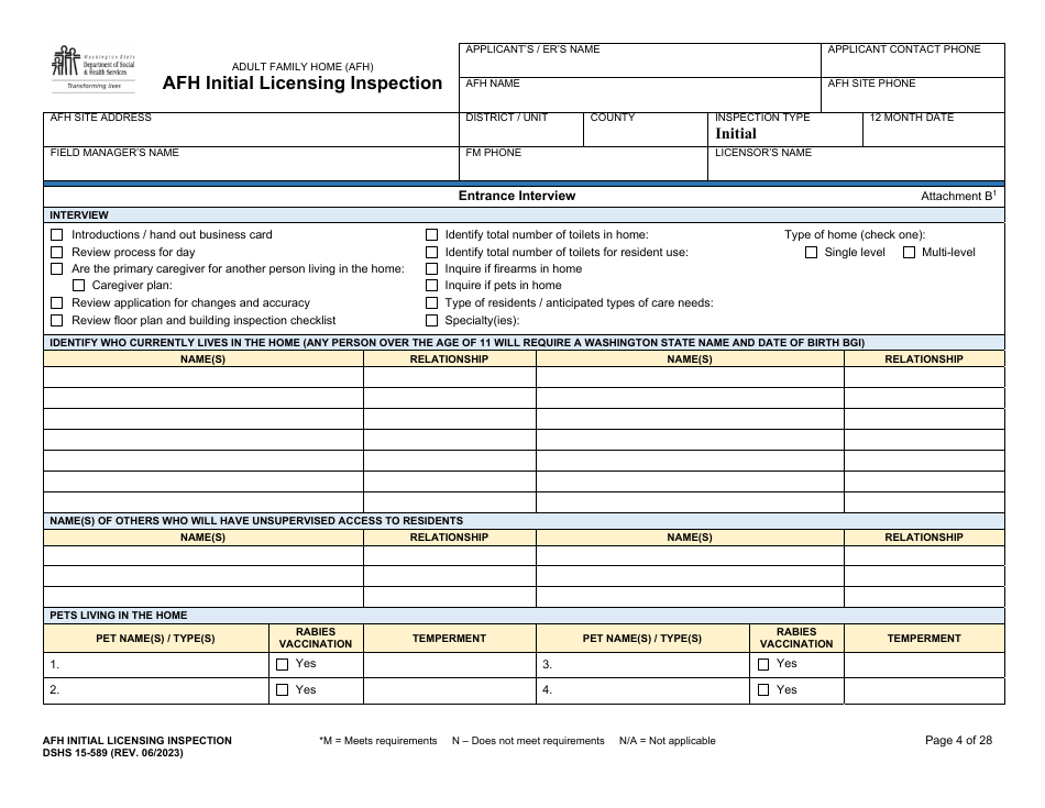DSHS Form 15-589 Afh Initial Licensing Inspection - Washington, Page 4
