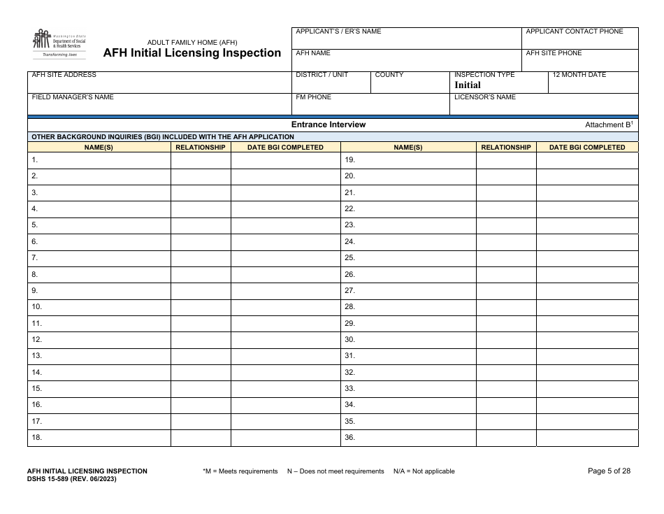 DSHS Form 15-589 Afh Initial Licensing Inspection - Washington, Page 5