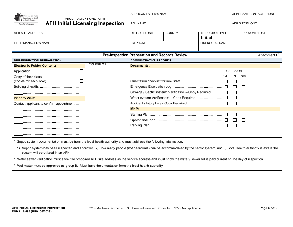 DSHS Form 15-589 Afh Initial Licensing Inspection - Washington, Page 6