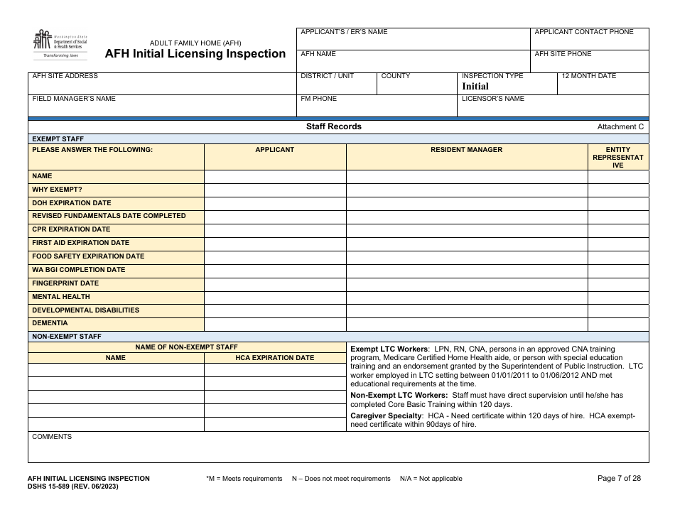 DSHS Form 15-589 Afh Initial Licensing Inspection - Washington, Page 7