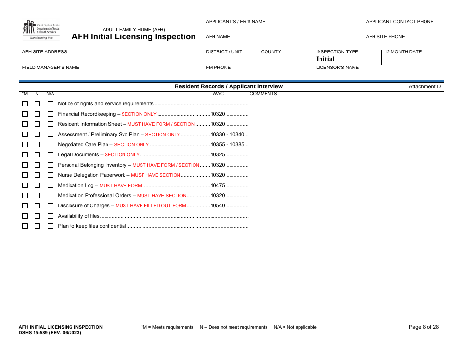 DSHS Form 15-589 Afh Initial Licensing Inspection - Washington, Page 8