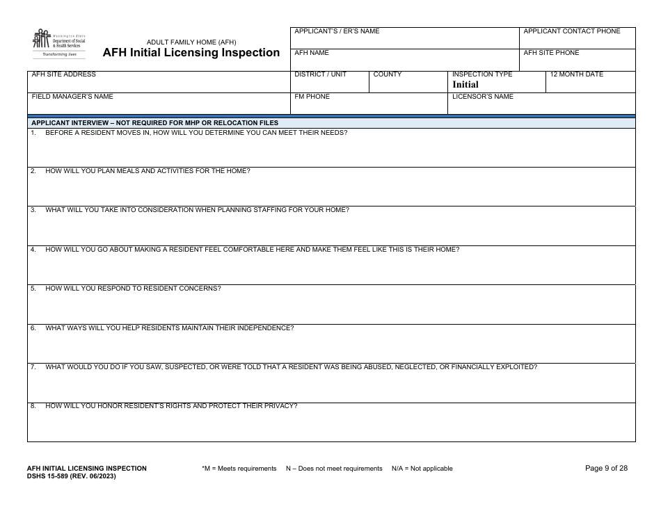 DSHS Form 15-589 Afh Initial Licensing Inspection - Washington, Page 9