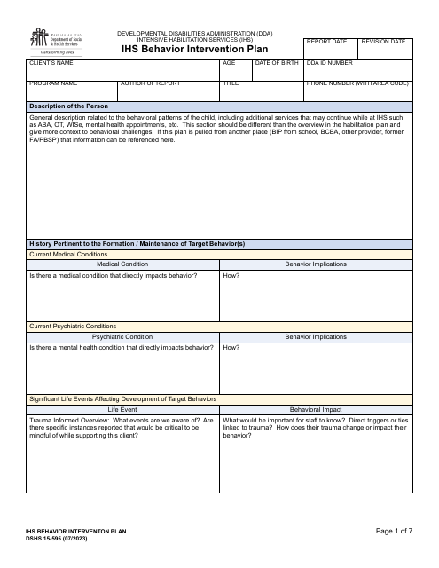 DSHS Form 15-595 Ihs Behavior Intervention Plan - Washington