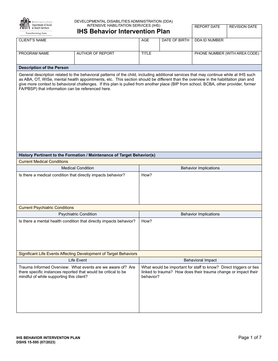 DSHS Form 15-595 Ihs Behavior Intervention Plan - Washington, Page 1