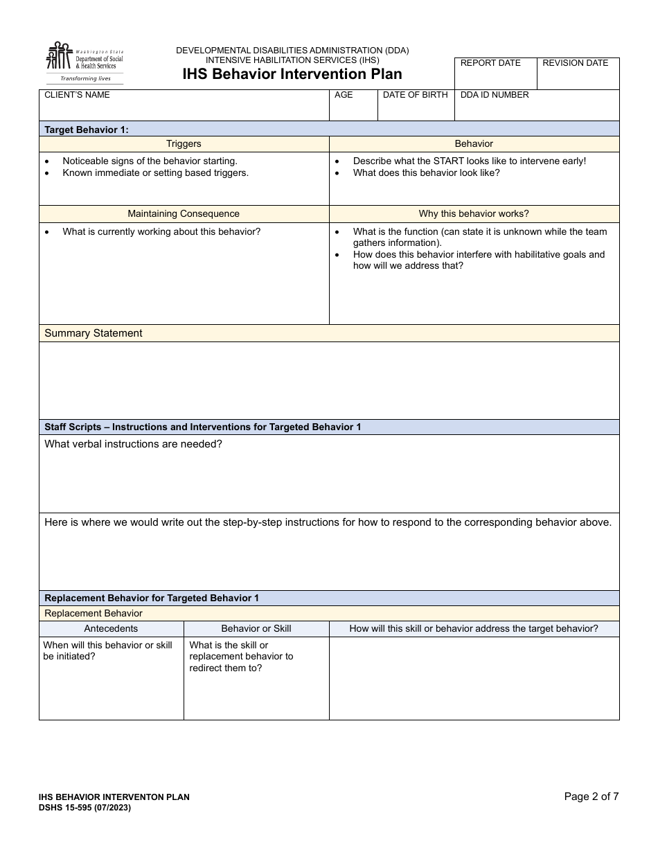 DSHS Form 15-595 Ihs Behavior Intervention Plan - Washington, Page 2