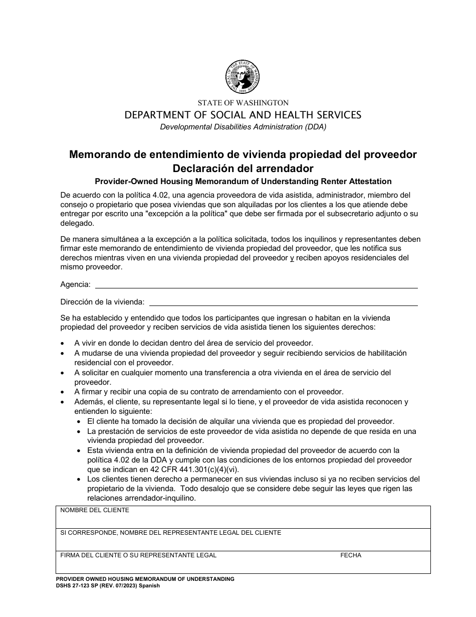 DSHS Formulario 27-123 Memorando De Entendimiento De Vivienda Propiedad Del Proveedor Declaracion Del Arrendador - Washington (Spanish), Page 1