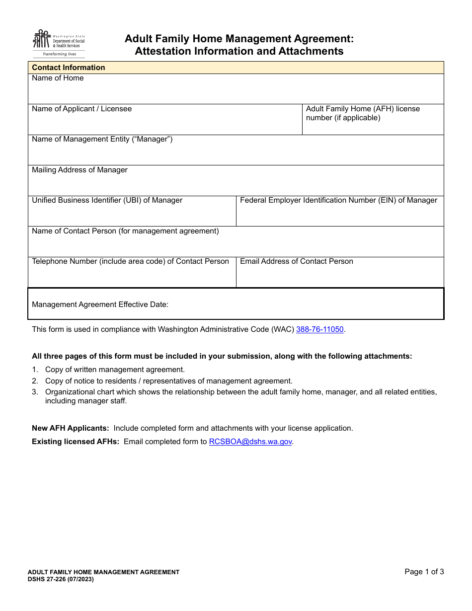 DSHS Form 27-226 Adult Family Home Management Agreement: Attestation Information and Attachments - Washington, Page 1
