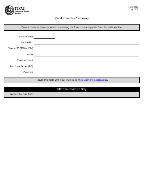 Form 4103 Vendor Invoice Summary - Texas