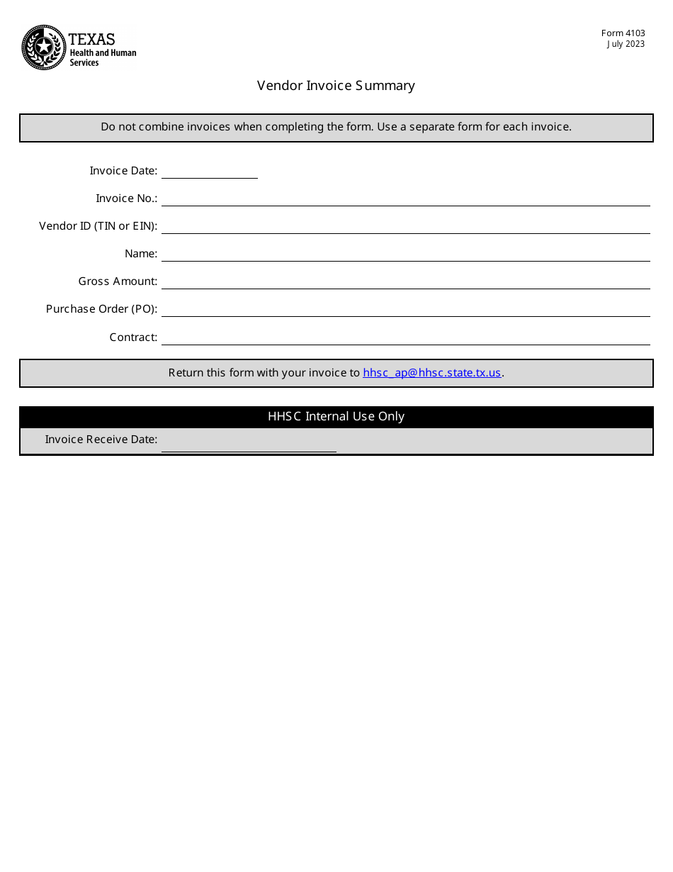 Form 4103 Vendor Invoice Summary - Texas, Page 1