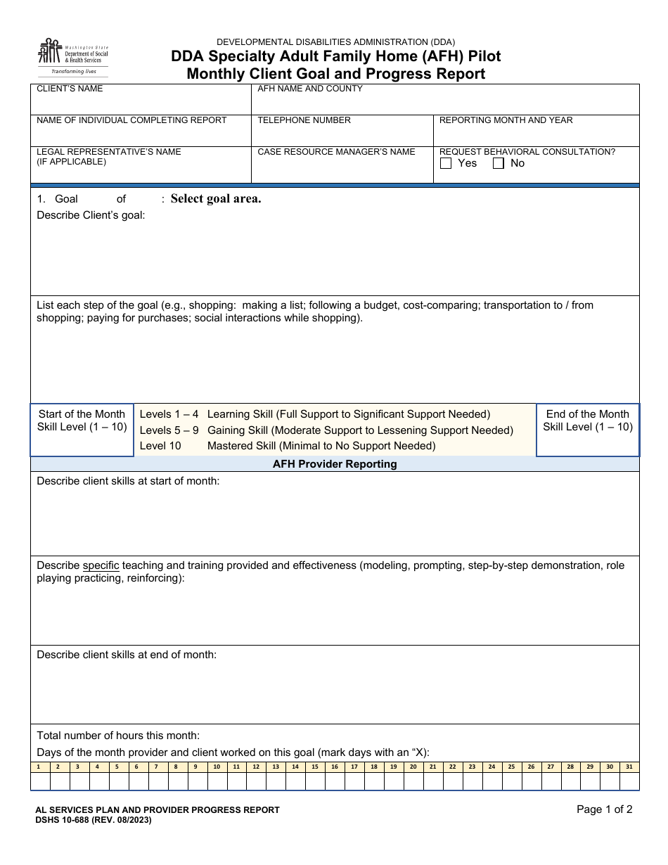 DSHS Form 10-688 Dda Specialty Adult Family Home (Afh) Pilot Monthly Client Goal and Progress Report - Washington, Page 1