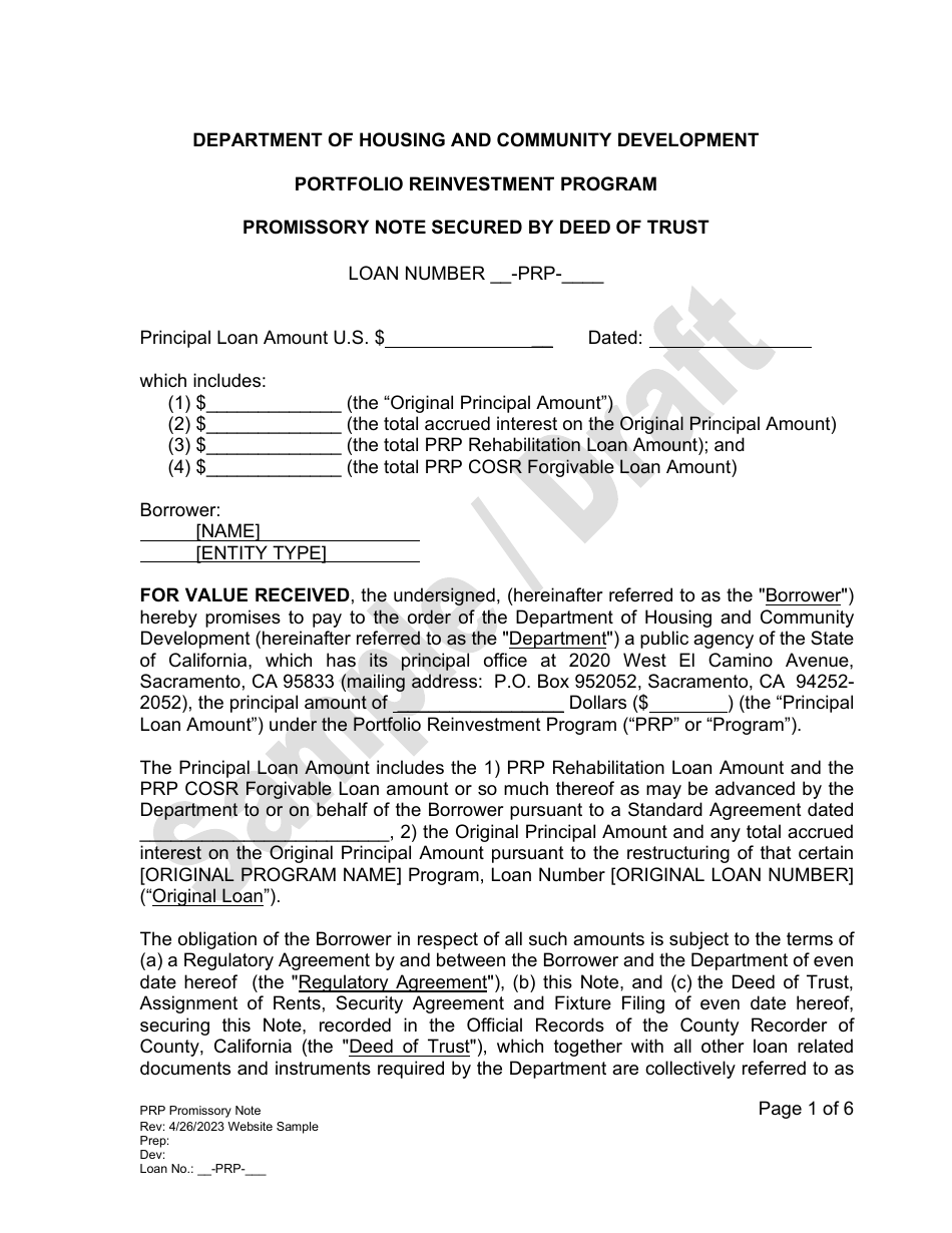 Promissory Note Secured by Deed of Trust - Portfolio Reinvestment Program - Sample / Draft - California, Page 1