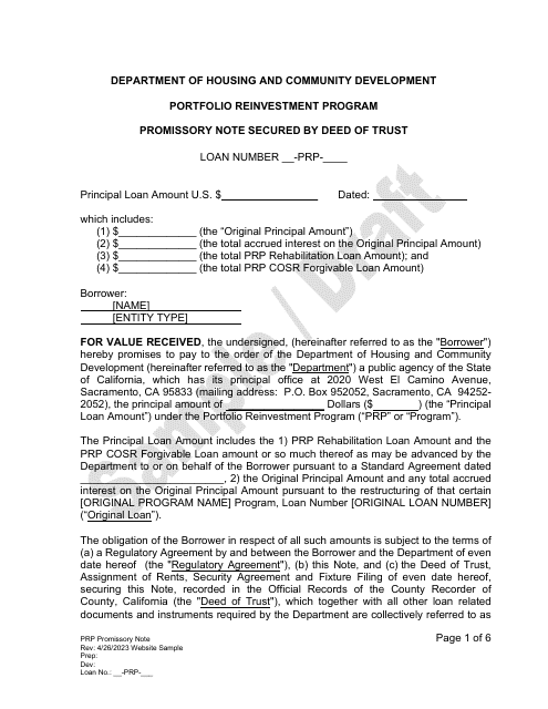 Promissory Note Secured by Deed of Trust - Portfolio Reinvestment Program - Sample / Draft - California Download Pdf