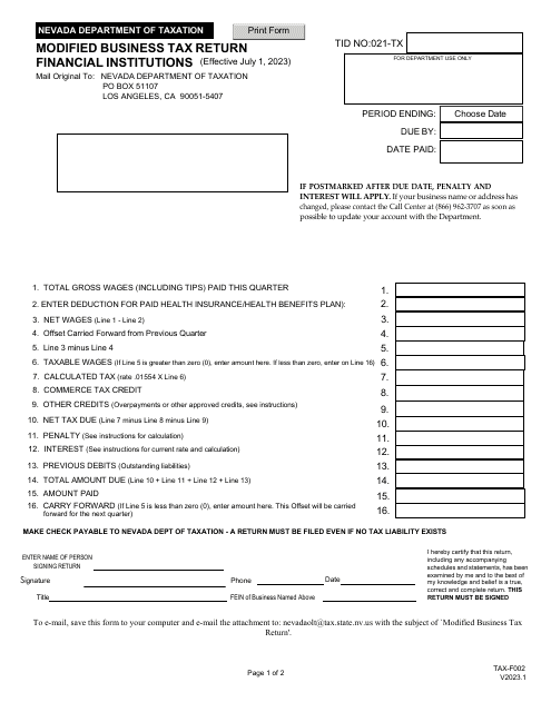 Form TAX-F002 Modified Business Tax Return Financial Institutions - Nevada, 2023