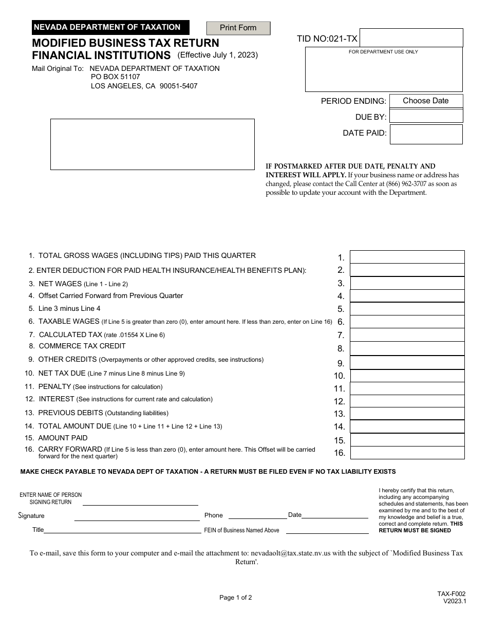 Form TAX-F002 Modified Business Tax Return Financial Institutions - Nevada, Page 1
