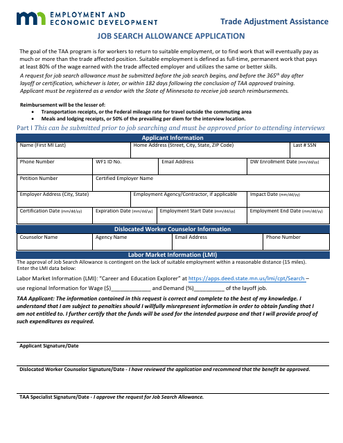 Job Search Allowance Application - Trade Adjustment Assistance - Minnesota