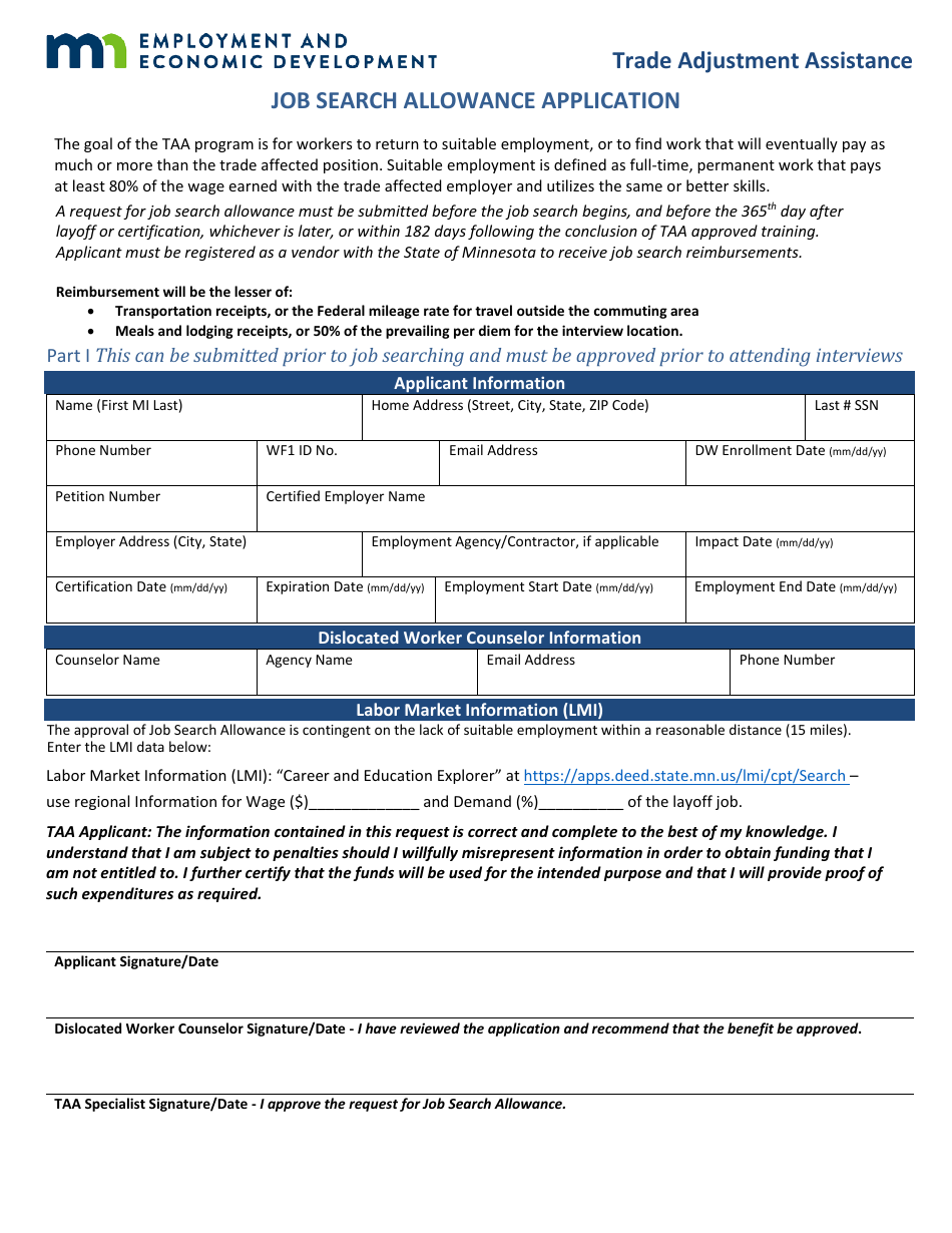 Job Search Allowance Application - Trade Adjustment Assistance - Minnesota, Page 1