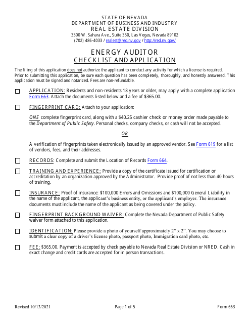 Form 663 Energy Auditor Checklist and Application - Nevada