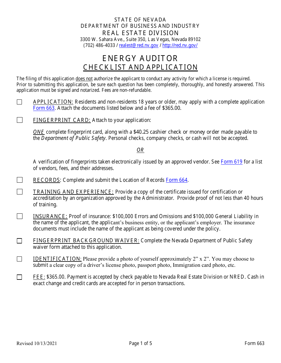 Form 663 Energy Auditor Checklist and Application - Nevada, Page 1