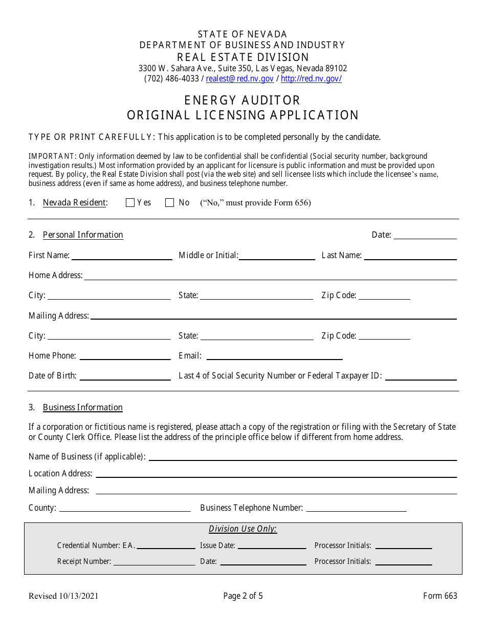 Form 663 Energy Auditor Checklist and Application - Nevada, Page 2