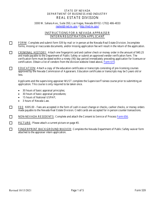 Form 539 Real Estate Appraiser Intern Registration Application - Nevada