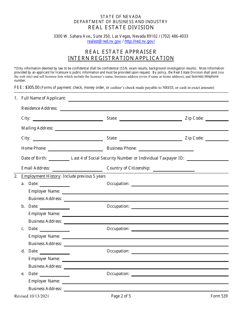 Form 539 Real Estate Appraiser Intern Registration Application - Nevada, Page 2