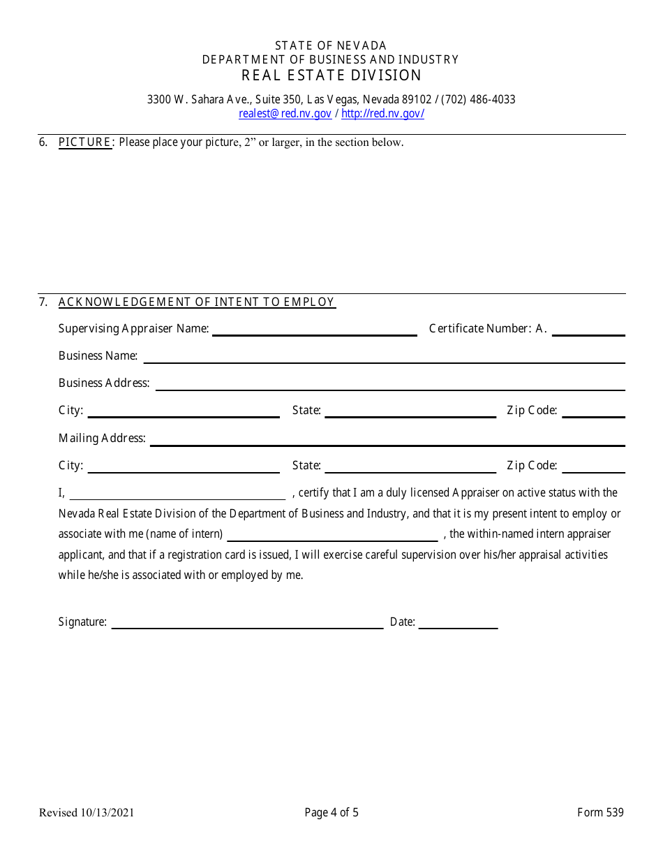 Form 539 Real Estate Appraiser Intern Registration Application - Nevada, Page 4