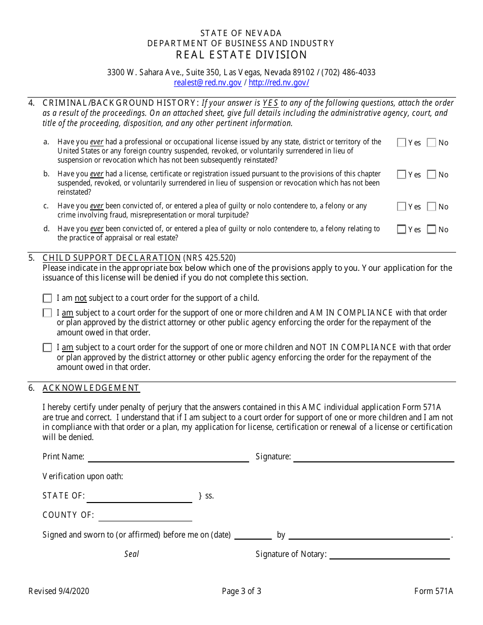 Form 571A Application for the Individual Registration of an Officer, Principal, General Partner, Director or Trustee of an Appraisal Management Company - Nevada, Page 3