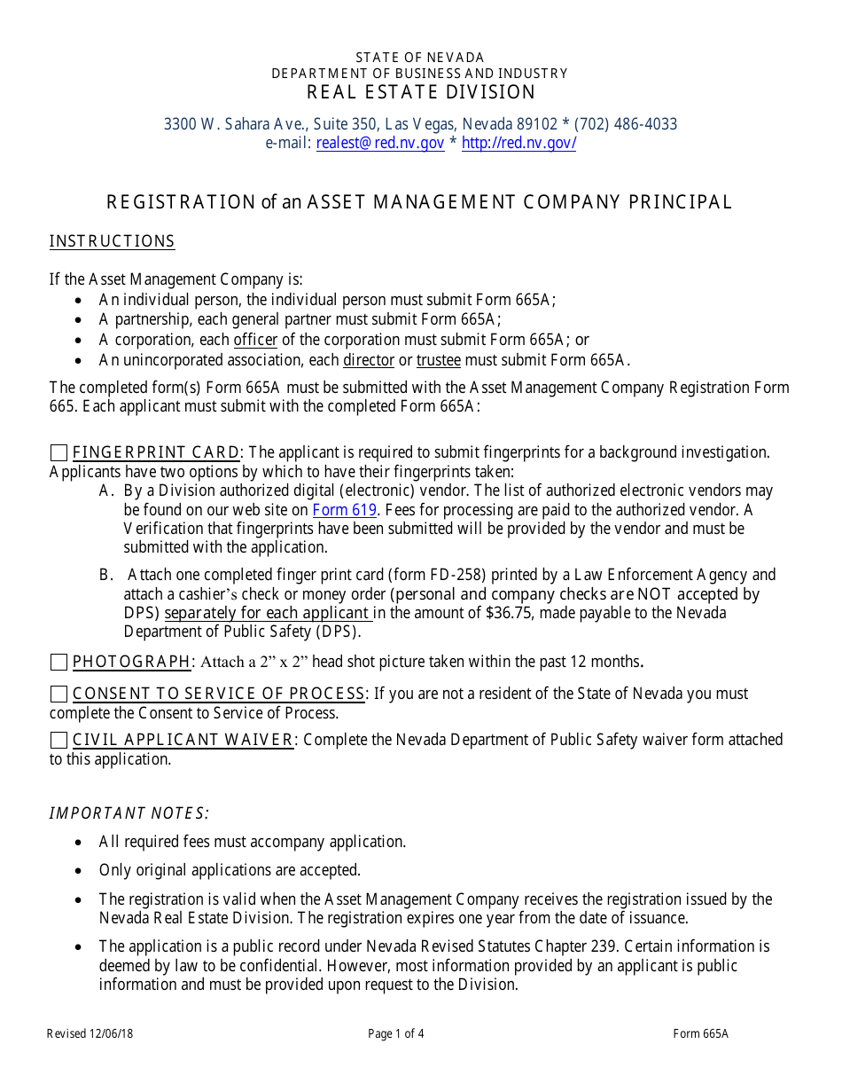 Form 665A Registration of Asset Management Company Principal - Nevada, Page 1