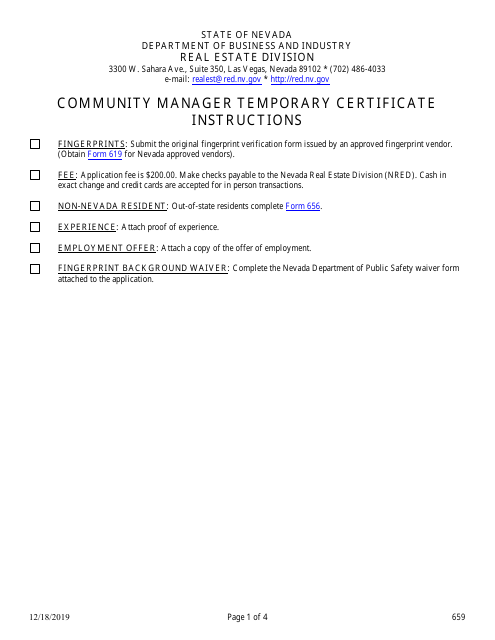 Form 659 Community Manager Temporary Certificate & Instructions - Nevada