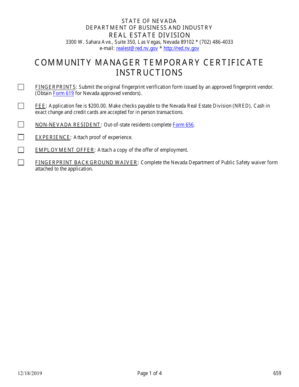 Form 659 Community Manager Temporary Certificate  Instructions - Nevada, Page 1