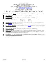 Document preview: Form 621 Community Manager Application for Reinstatement - Nevada