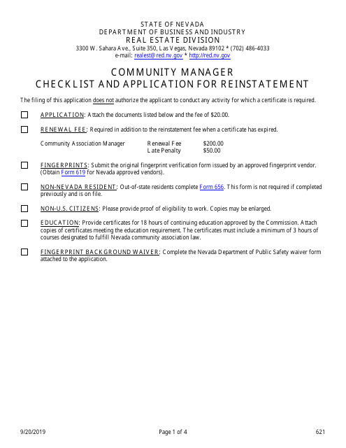 Form 621 Community Manager Application for Reinstatement - Nevada